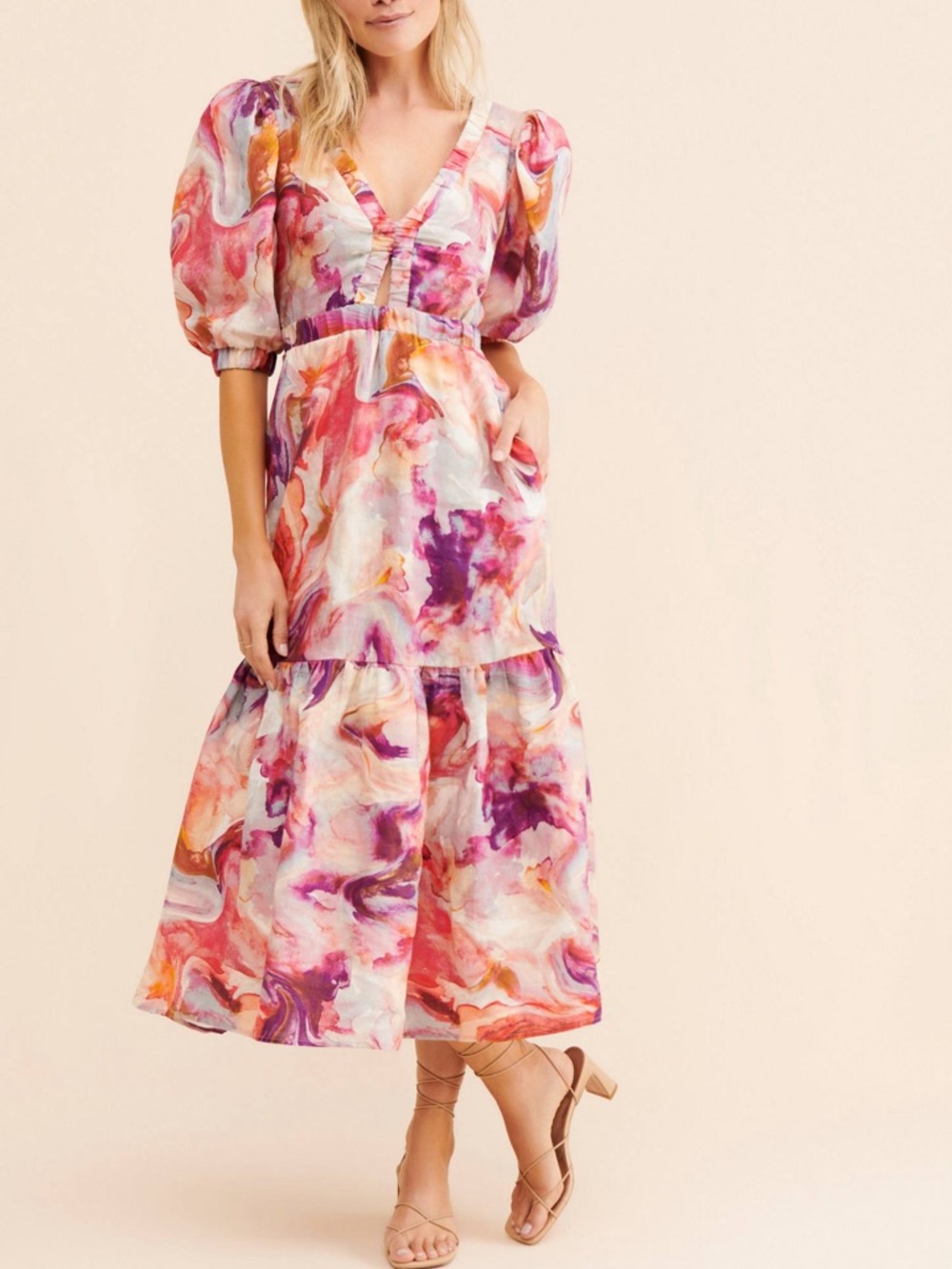 Anthropologie Kachel Women’s Watercolor Linen Puff Sleeve Midi Dress Pink Multi